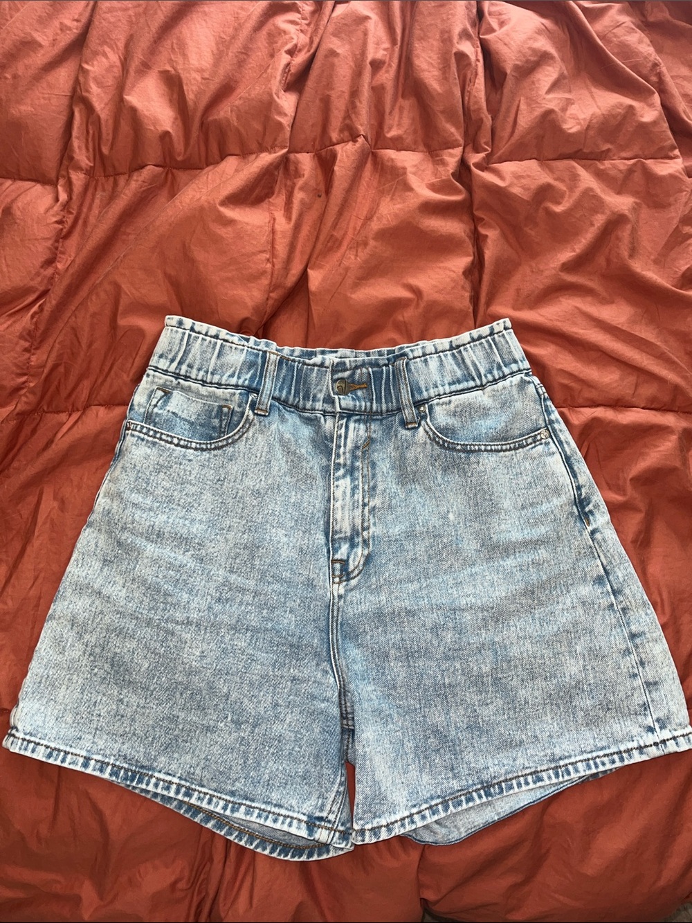 High-Rise Washed Light Blue Denim Shorts